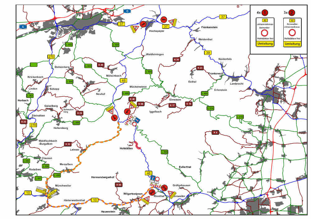 Der gesamte Verkehr aus Richtung B 10 von Annweiler kommend wird ab der Einmündung B 48 bei Rinnthal über die B 10 bis Münchweiler und über die L 496 über Leimen bis zur B 48 südlich von Johanniskreuz umgeleitet und umgekehrt (Quelle: LBM Speyer)