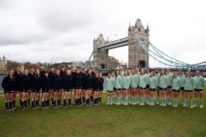 Ben Landis (Vierter v.l.) als Teil der Oxford Mannschaft. Rechts die die Konkurrenten aus Cambridge. (Foto: The Boat Race Company)