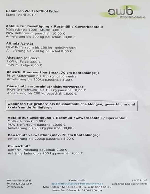 Informationsblatt des awb für den Wertstoffhof Esthal