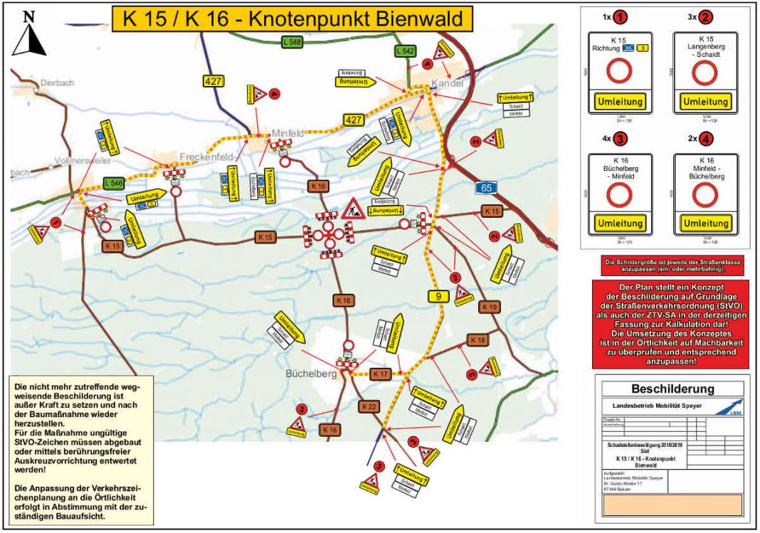 Der Verkehr wird ab Schaidt über Freckenfeld, Minfeld und Kandel, bzw. ab Büchelberg über die B 9 umgeleitet (Quelle: LBM Speyer)