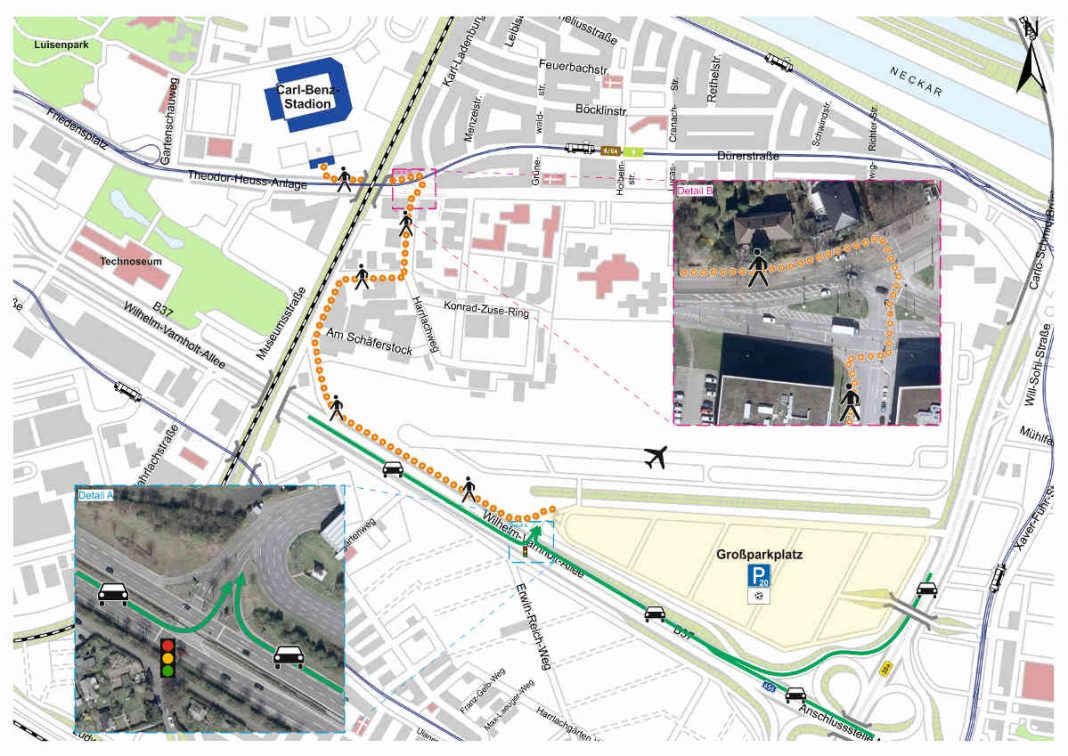 Der Fußweg vom Parkplatz P20 zum Stadion (Quelle: Stadt Mannheim)