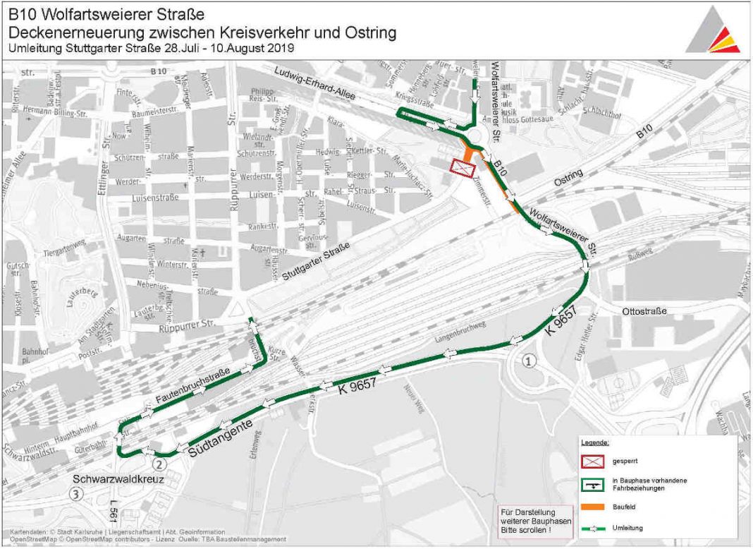 Wolfartsweierer Straße: Umleitung 28. Juli bis 10. August 2019 (Foto: Tiefbauamt Karlsruhe)