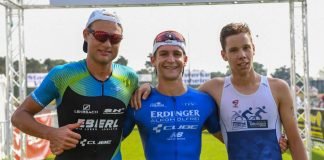 v.l. Julian Erhardt, Frederic Funk und Nicolas Mann beim V-Card Triathlon Viernheim, BASF Triathlon Cup 2019. (Foto: PIX-Sportfotos)