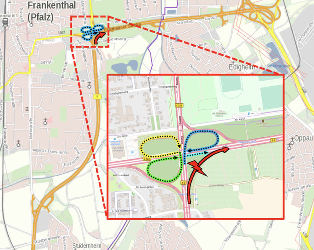 Die Umleitung erfolgt innerhalb der B 9 Anschlussstelle FT-Mitte und ist ausgeschildert (Quelle: LBM Speyer)