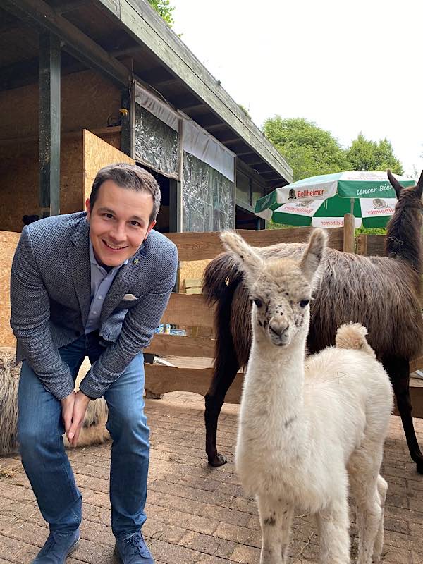 Bürgermeister Christian Burkhart mit Lama-Kind Adele (Foto: Verbandsgemeinde Annweiler)