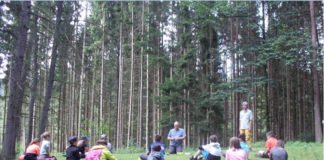 Die Kinder und die beiden Trainer im Wald: Erkennen und Nachahmen von Tierstimmen (Foto: Kreisverwaltung Südliche Weinstraße)