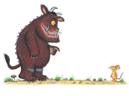 Der Grüffelo und die Maus treffen aufeinander. Szene aus dem von Axel Scheffler illustrierten Kinderbuch „Der Grüffelo“. (Bildnachweis: Julia Donaldson/Axel Scheffler, Lizenz: Magic Light Pictures Ltd.)