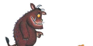 Der Grüffelo und die Maus treffen aufeinander. Szene aus dem von Axel Scheffler illustrierten Kinderbuch „Der Grüffelo“. (Bildnachweis: Julia Donaldson/Axel Scheffler, Lizenz: Magic Light Pictures Ltd.)