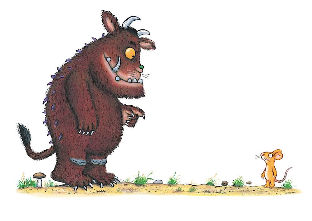 Der Grüffelo und die Maus treffen aufeinander. Szene aus dem von Axel Scheffler illustrierten Kinderbuch „Der Grüffelo“. (Bildnachweis: Julia Donaldson/Axel Scheffler, Lizenz: Magic Light Pictures Ltd.)