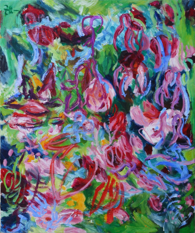 Hinrich Zürn, Blumen Rotlila Grün, Acryl auf Leinwand, 60 x 50 cm (copyright: Hinrich Zürn und galerie grandel)