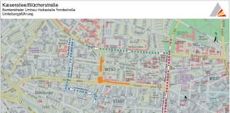 Grafik zur Umleitungsroute für die Verkehrsteilnehmer (Grafik: © OpenStreetMap – Mitwirkende / Stadt Karlsruhe)