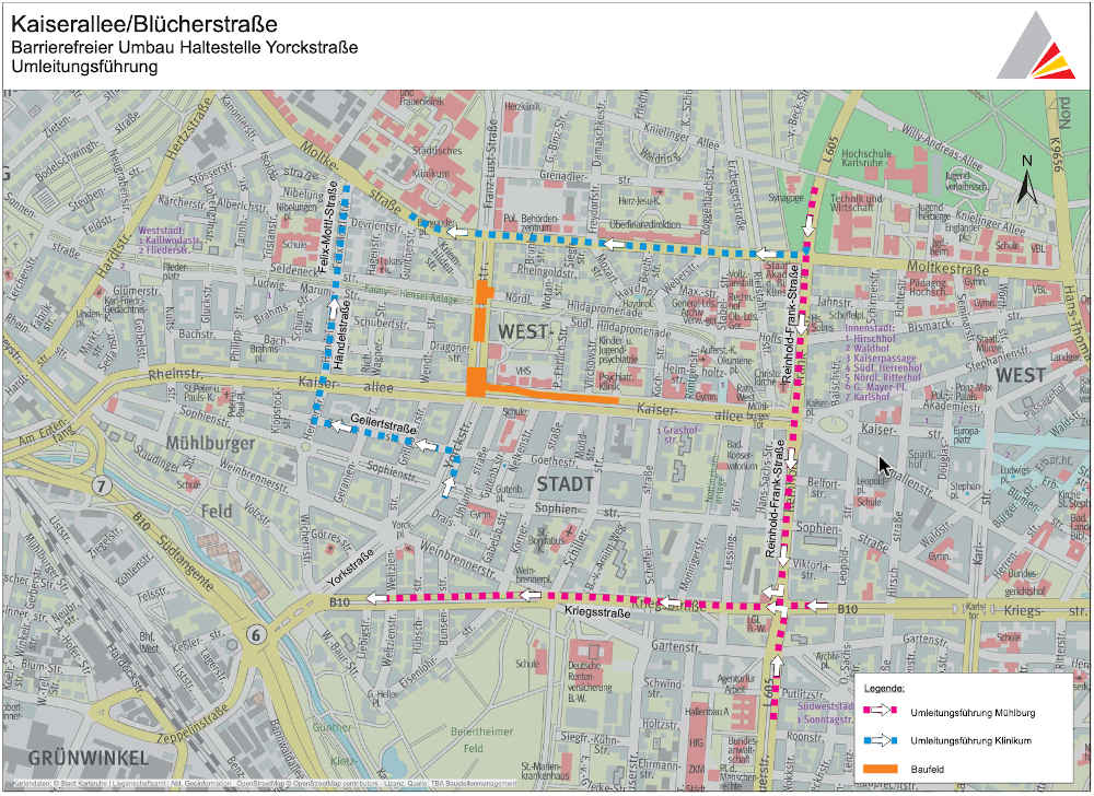 Grafik zur Umleitungsroute für die Verkehrsteilnehmer (Grafik: © OpenStreetMap – Mitwirkende / Stadt Karlsruhe)