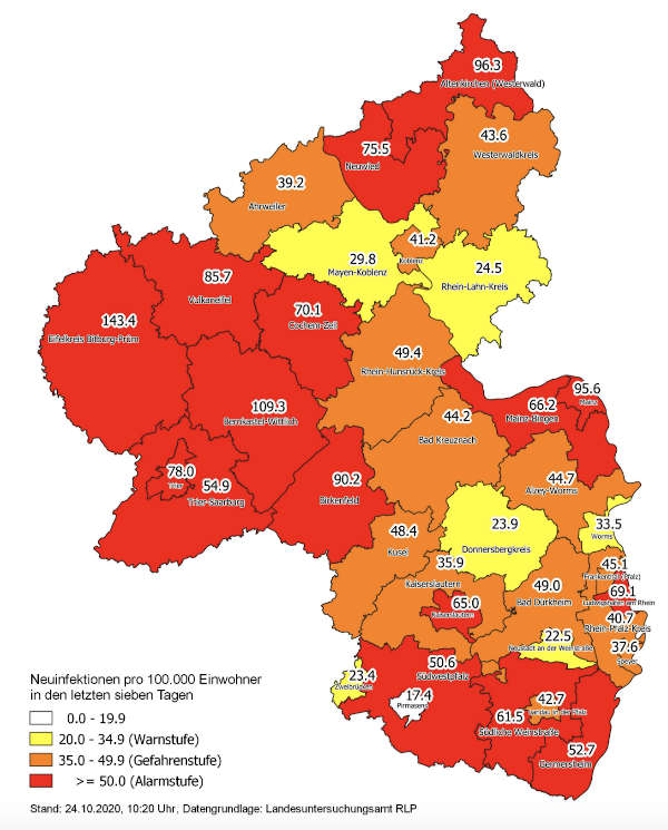 Neuinfektionen pro 100.000 Einwohner in den letzten 7 Tagen, Grafik vom 24.10.2020 (Quelle: MdI)