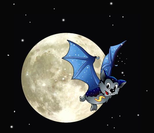 Die legendäre Fledermaus Skybat hilft Flappi bei der Suche nach dem Sternbild Fledermaus (Bildnachweis: Angelika Grothues, Illusions Bochum, und Thomas Niemann, Planetarium Erkrath)
