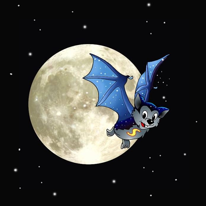 Die legendäre Fledermaus Skybat hilft Flappi bei der Suche nach dem Sternbild Fledermaus (Bildnachweis: Angelika Grothues, Illusions Bochum, und Thomas Niemann, Planetarium Erkrath)