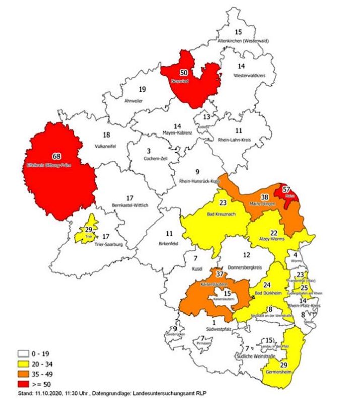 Neuinfektionen pro 100.000 Einwohner in den letzten 7 Tagen, Grafik vom 12.10.2020 (Quelle: MdI)