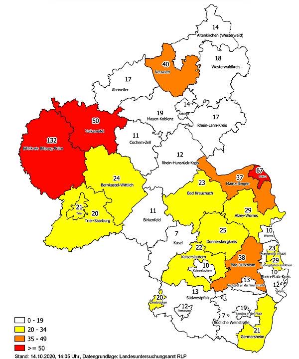 Neuinfektionen pro 100.000 Einwohner in den letzten 7 Tagen, Grafik vom 14.10.2020 (Quelle: MdI)