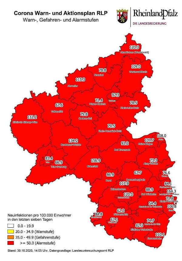 Neuinfektionen pro 100.000 Einwohner in den letzten 7 Tagen, Grafik vom 30.10.2020 (Quelle: MdI)