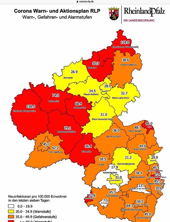 Neuinfektionen pro 100.000 Einwohner in den letzten 7 Tagen, Grafik vom 22.10.2020 (Quelle: MdI)