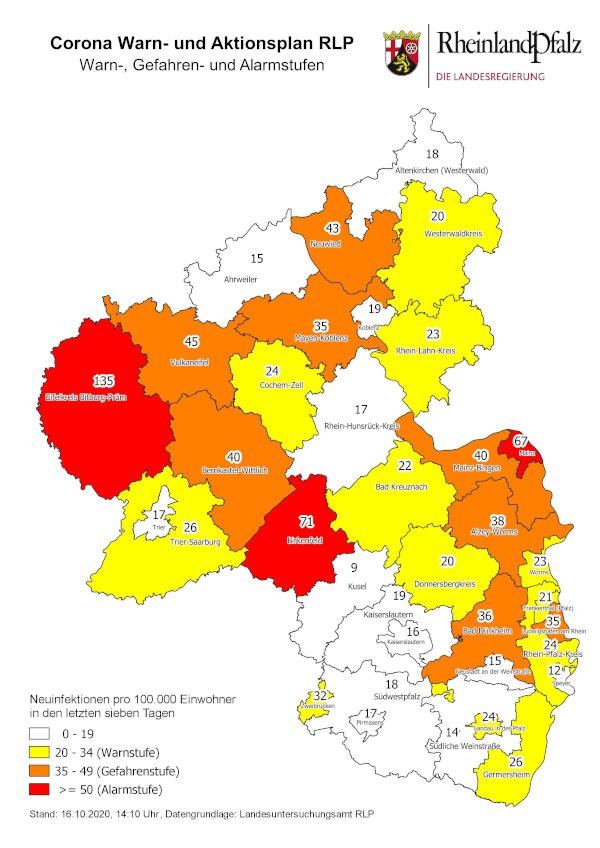 Neuinfektionen pro 100.000 Einwohner in den letzten 7 Tagen, Grafik vom 16.10.2020 (Quelle: MdI)