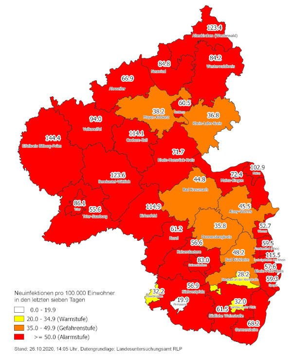 Neuinfektionen pro 100.000 Einwohner in den letzten 7 Tagen, Grafik vom 26.10.2020 (Quelle: MdI) Neuinfektionen pro 100.000 Einwohner in den letzten 7 Tagen, Grafik vom 26.10.2020 (Quelle: MdI)