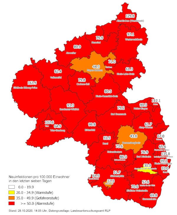 Neuinfektionen pro 100.000 Einwohner in den letzten 7 Tagen, Grafik vom 28.10.2020 (Quelle: MdI)