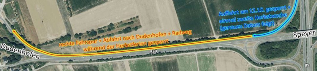 Während der kompletten Herbstferien ist die Abfahrt Dudenhofen-Süd voll gesperrt. Die Umleitung erfolgt über die Abfahrt Dudenhofen-Nord. (Quelle: LBM Speyer)