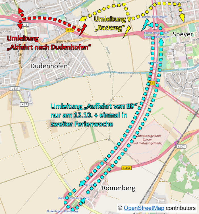 Auffahrt auf die B 39, von der B 9 aus Richtung Ludwigshafen kommend und in Richtung Neustadt fahrend, voll gesperrt. (Quelle: LBM Speyer)