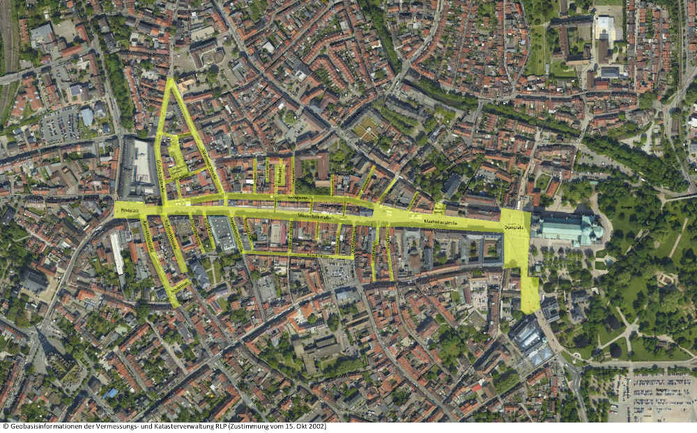 Allgemeinverfügung Speyer – Pflicht zum Tragen einer Mund-Nasen-Bedeckung im Innenstadtbereich (Quelle: Geobasisinformationen der Vermessungs- und Katasterverwaltung RLP)