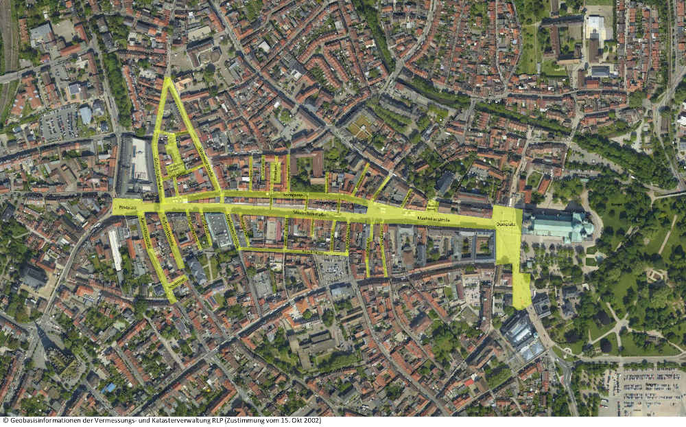 Allgemeinverfügung Speyer – Pflicht zum Tragen einer Mund-Nasen-Bedeckung im Innenstadtbereich (Quelle: Geobasisinformationen der Vermessungs- und Katasterverwaltung RLP)