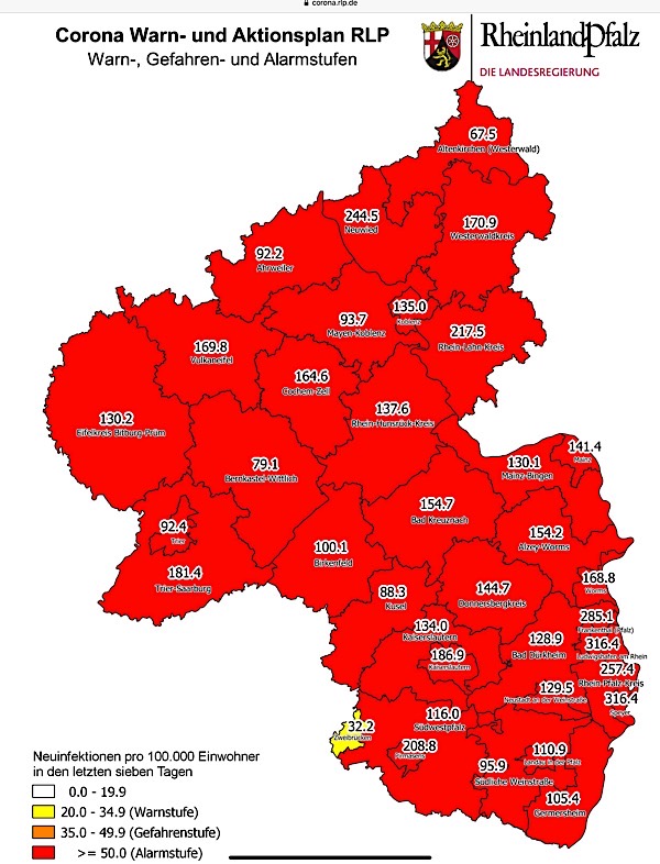 Corona-Inzidenzzahlen in RLP am 24.12.2020 (Quelle: Landesregierung RLP)