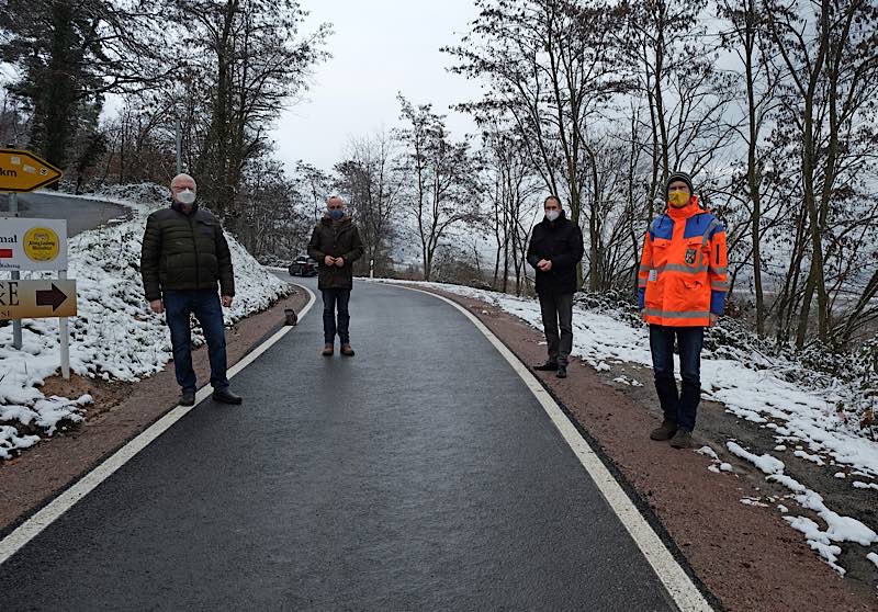 Gaben die Straße wieder für den Verkehr frei: Landrat Dietmar Seefeldt (2.v.r.), Stadtbürgermeister Ludwig Lintz (links), Eberhard Frankmann, Beigeordneter der Verbandgemeinde Edenkoben (2.v.l.) sowie Martin Schafft, Leiter LBM Speyer (rechts).(Foto: Kreisverwaltung Südliche Weinstraße)