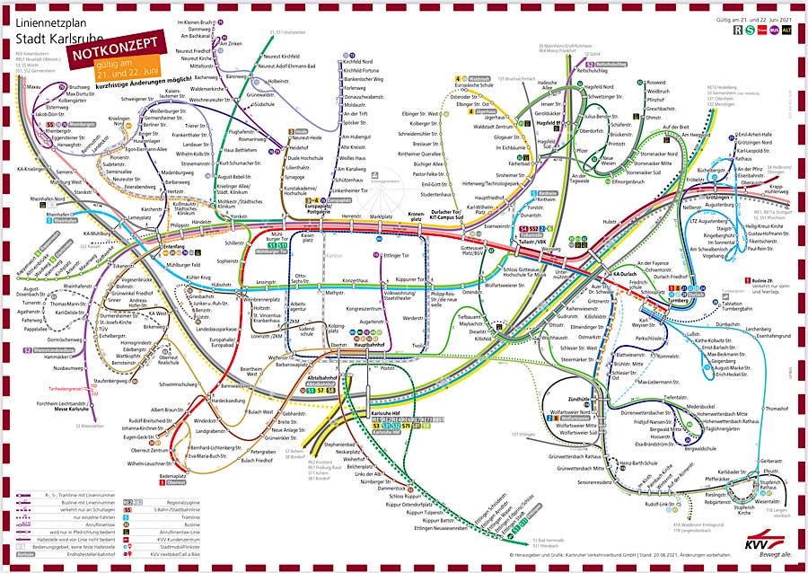 Liniennetzplan Betriebskonzept am 21. und 22. Juni (Quelle: KVV)