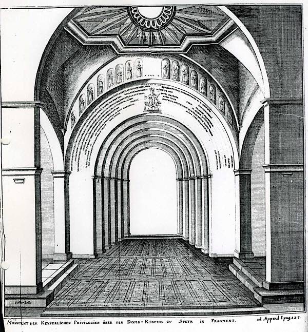 Dom Speyer; Romanischer Westbau vor Abbruch; Kupferstich von 1756 nach einer Zeichnung des Stadtschreibers P.H. Blum (Foto: Universitätsbibliothek Heidelberg)