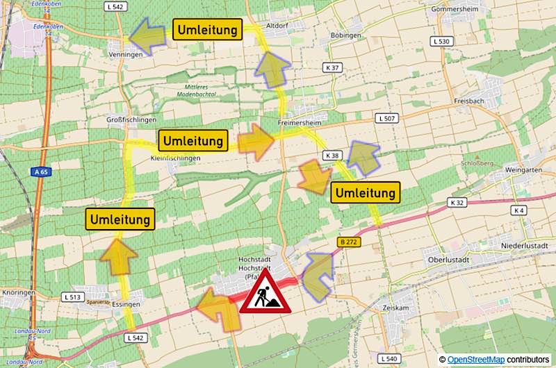 Vollsperrung der B 272 bei Hochstadt (Quelle: LBM Speyer)