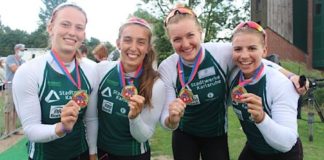 Viererkajak Damen: Gesine Ragwitz, Katinka Hofmann, Sarah Brüßler & Xenia Jost gewinnen DM-Titel im Viererkajak über 500 Meter. Letzter Erfolg der Rheinbrüder liegt sechs Jahre zurück. Sieger-Canadier 1.000m: Die Sieger der Deutschen Meisterschaft im Canadier-Einer 1.000m: Tim Bechtold (v.l.), Olympionike Conrad Scheibner (Berlin) und Florian Köppen (Leipzig). Kajak-Fahrerin: Gesine Ragwitz war die erfolgreichste Kanutin aus Karlsruhe (Fotos: MaT/Rheinbrüder)