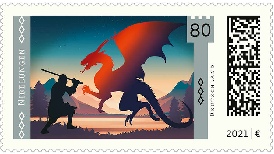 Briefmarke aus der Serie Deutsche Sagen und Abbildung des Stempelentwurfs