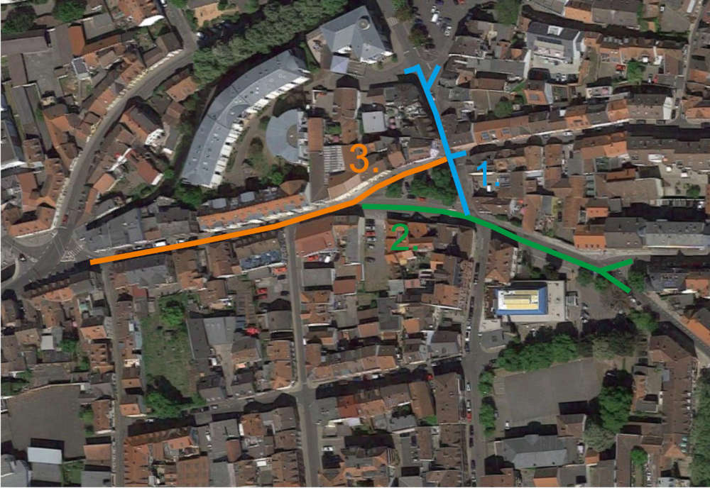 Grafik der Bauabschnitte: 1.: Straße Kohlplatz ab dem Parkplatz in Richtung Talstraße, 2.: Talstraße zwischen Fröbelstraße und Einmündung Klausengasse, 3.: Reststück bis zur Einmündung Gipserstraße (Foto: Stadtverwaltung Neustadt)