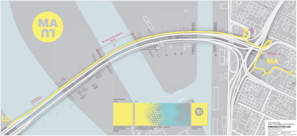 Die Neugestaltung des Fuß- und Radwegs auf der Kurt-Schumacher-Brücke soll zu einem neuen Fahrraderlebnis zwischen Mannheim und Ludwigshafen beitragen. Die Radroute soll unter anderem durch eine strahlende Bodenmarkierung besser sichtbar werden. (Quelle: Stadt Mannheim)