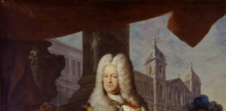 Kurfürst Karl Philipp mit dem Bauplan und vor der Fassade der Mannheimer Jesuitenkirche, 1727/28 (Quelle: rem, Foto: Jean Christen)