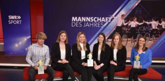 Die Besten der Besten im SWR-Studio (v.l.): Jason Osborne (Sportler des Jahres), Annika Furch, Sabrina Born, Nora Erbenich, Hannah Rohrwick (Mannschaft des Jahres) und Ricarda Funk (Sportlerin des Jahres). (Foto: LSB)