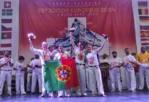 Lila Sax dos Santos Gomes (links) gewinnt Gold in der höchsten Kategorie der Frauen bei der Europa-Meisterschaft in Abadá-Capoeira (Foto: Alfred Xhelilaj)